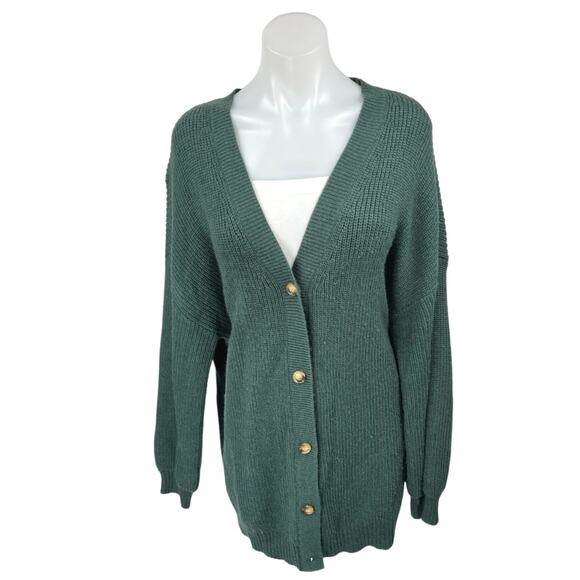 12th Tribe Green Rib Knit Long Sleeve Button Oversized Cardigan Sweater Top Sz M - Picture 1 of 5